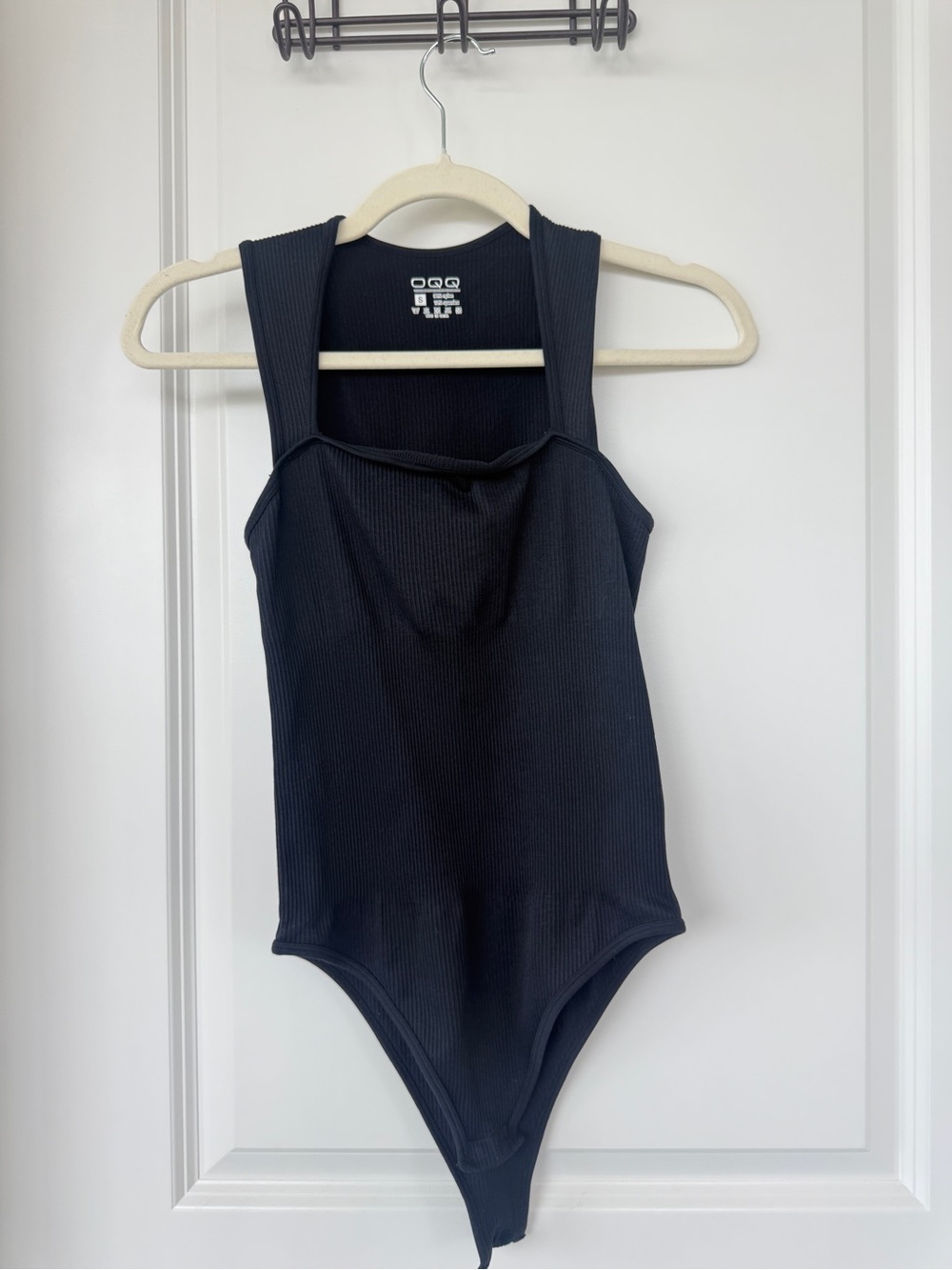 Black Ribbed Square-Neck Bodysuit